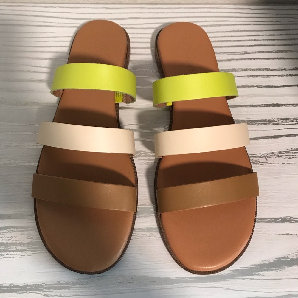 Madewell Leather Triple-Strap Slide Sandals in Lime, Cream & Brown